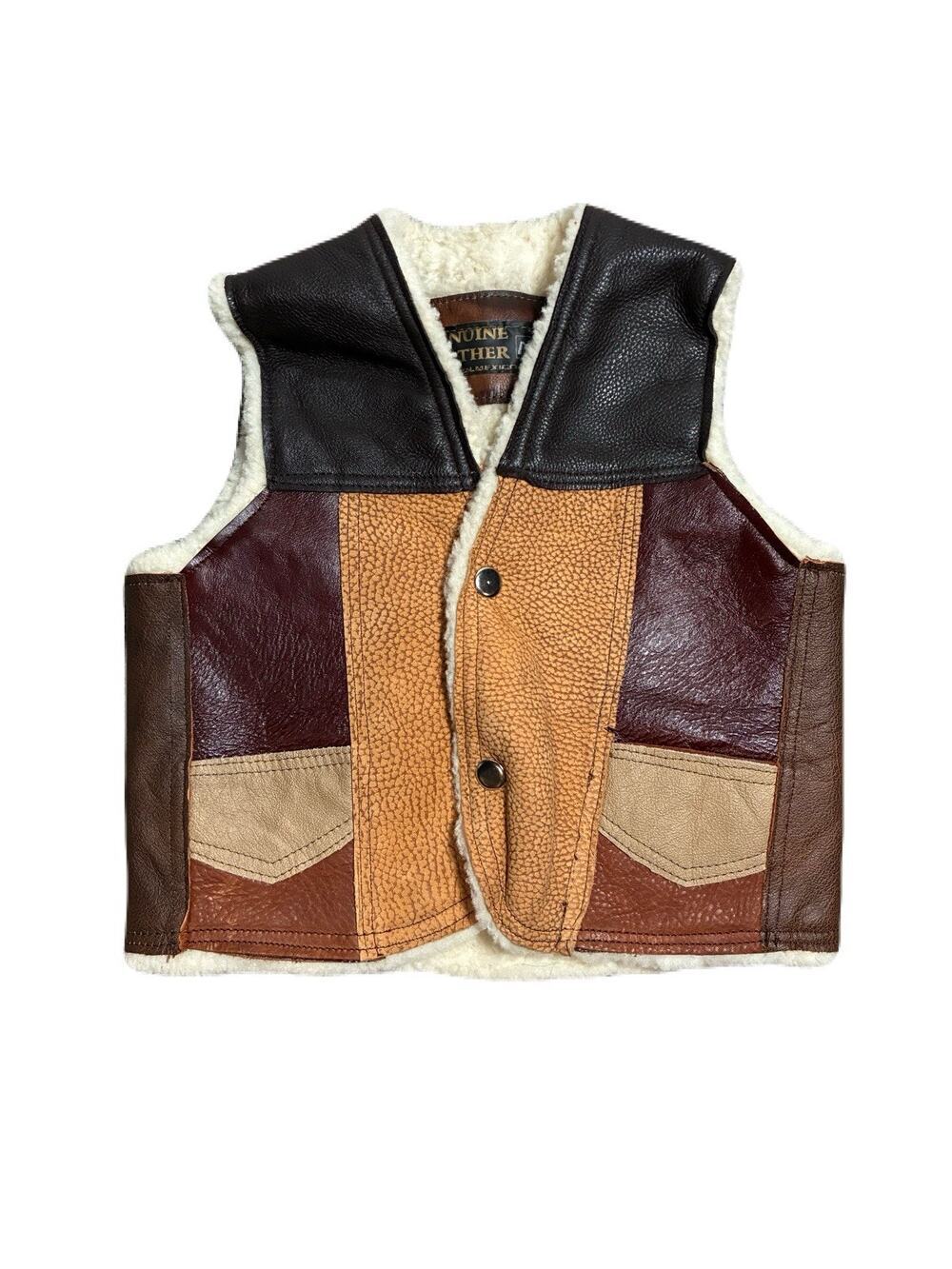 Vintage Boys Genuine Leather Patchwork Sherpa Vest Size 4/5 Mexican Hand Made